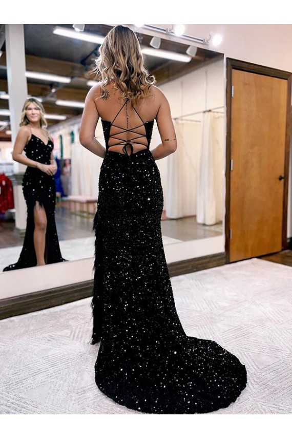 Bleu roi Fourreau Col V Balayage train Paillettes Velours Longue Robes de bal Pas Chère
