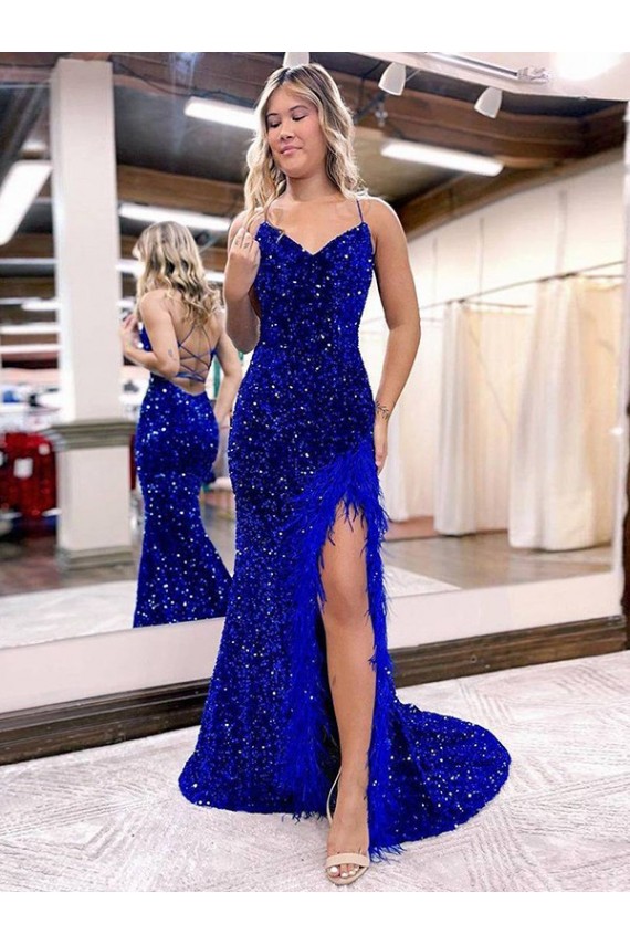 Bleu roi Fourreau Col V Balayage train Paillettes Velours Longue Robes de bal Pas Chère