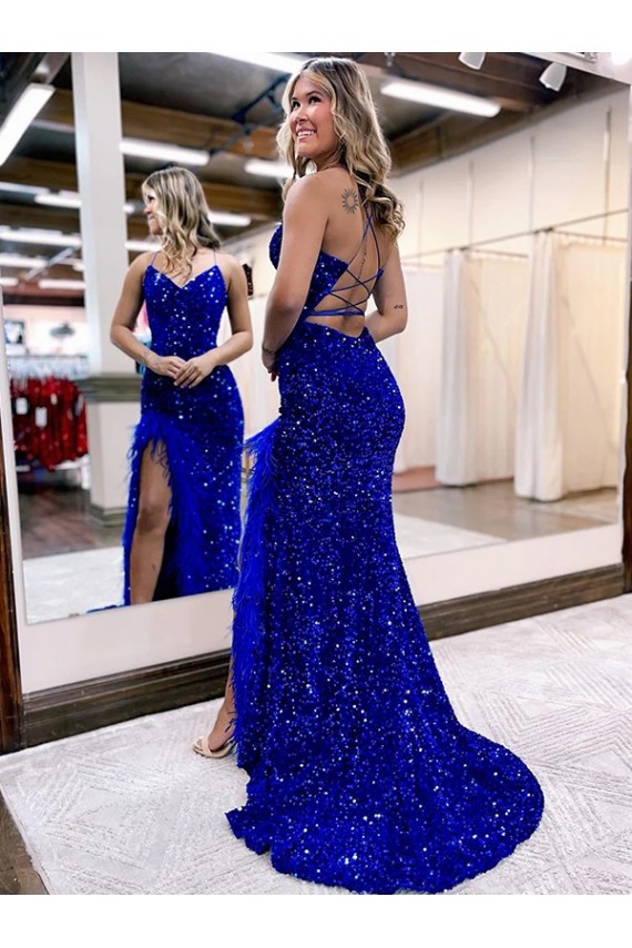 Bleu roi Fourreau Col V Balayage train Paillettes Velours Longue Robes de bal Pas Chère