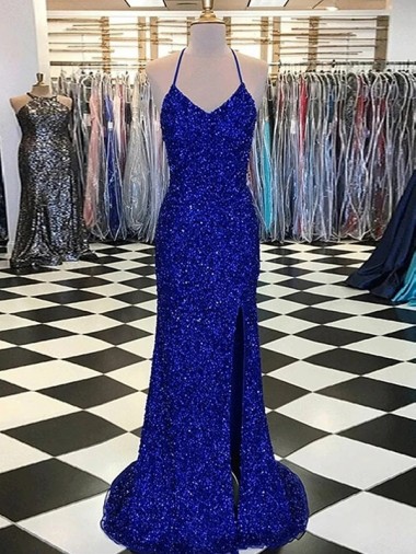 Bleu roi Fourreau Col V Balayage train Paillettes Velours Longue Robes de bal Pas Chre