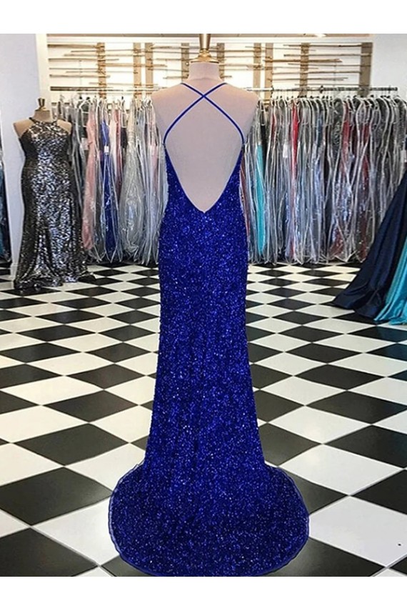 Bleu roi Fourreau Col V Balayage train Paillettes Velours Longue Robes de bal Pas Chère