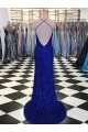 Bleu roi Fourreau Col V Balayage train Paillettes Velours Longue Robes de bal Pas Chère