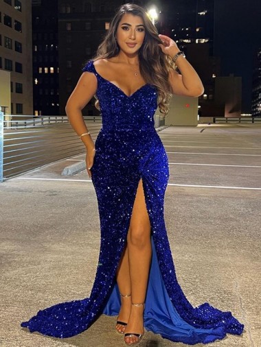 Bleu roi Fourreau Col V Balayage train Paillettes Velours Longue Robes de bal Pas Chre