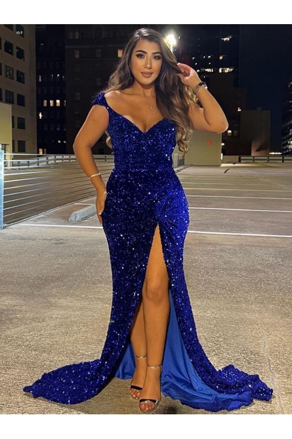 Bleu roi Fourreau Col V Balayage train Paillettes Velours Longue Robes de bal Pas Chère