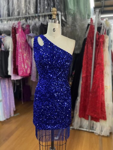 Bleu roi Fourreau Courte Paillettes Velours Courte Robes de bal Pas Chre