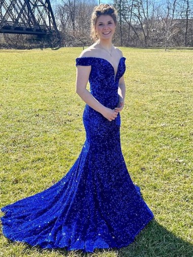 Bleu roi Fourreau Épaule Dénudée Balayage train Paillettes Velours Longue Robes de bal Pas Chre