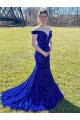 Bleu roi Fourreau Épaule Dénudée Balayage train Paillettes Velours Longue Robes de bal Pas Chère