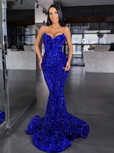 Bleu roi Sirène Bretelles spaghetti Balayage train Paillettes Velours Longue Robes de bal Pas Chre