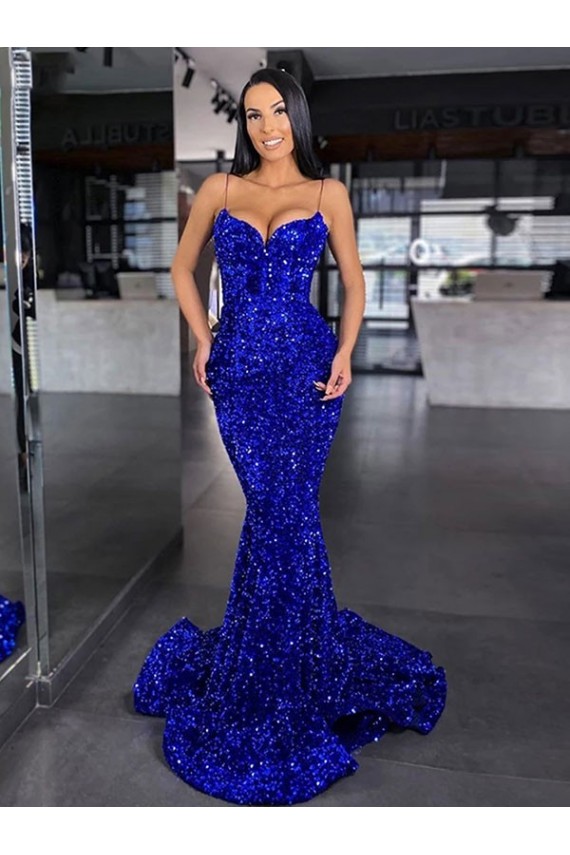 Bleu roi Sirène Bretelles spaghetti Balayage train Paillettes Velours Longue Robes de bal Pas Chère