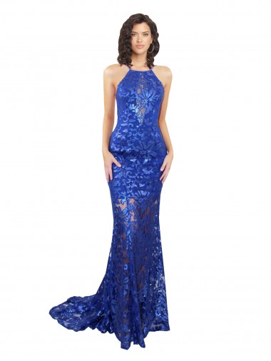 Bleu roi Sirène Col Haut Dentelle Longue Robes demoiselle d'honneur / Robes de bal Pas Chre