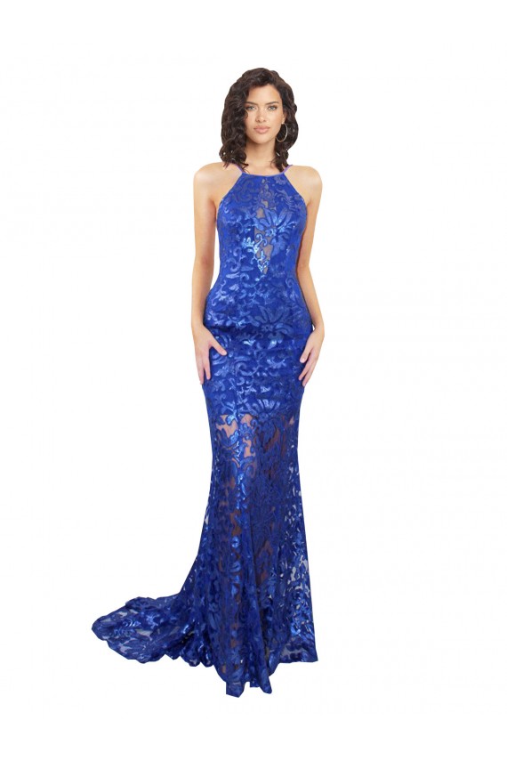 Bleu roi Sirène Col Haut Dentelle Longue Robes demoiselle d'honneur / Robes de bal Pas Chère