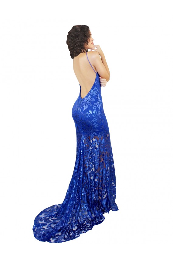 Bleu roi Sirène Col Haut Dentelle Longue Robes demoiselle d'honneur / Robes de bal Pas Chère