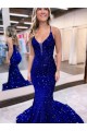 Bleu roi Sirène Col V Traîne moyenne Paillettes Velours Longue Robes de bal Pas Chère