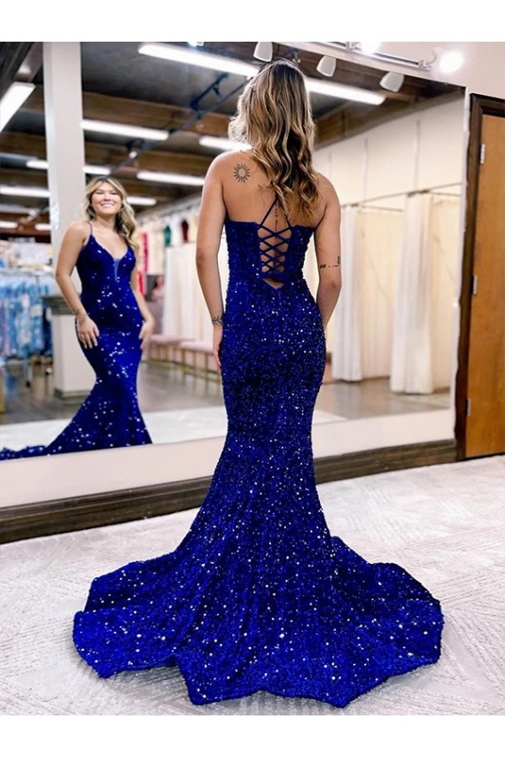 Bleu roi Sirène Col V Traîne moyenne Paillettes Velours Longue Robes de bal Pas Chère