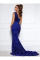 Bleu roi Sirène Traîne moyenne Paillettes Velours Longue Robes de bal Pas Chère