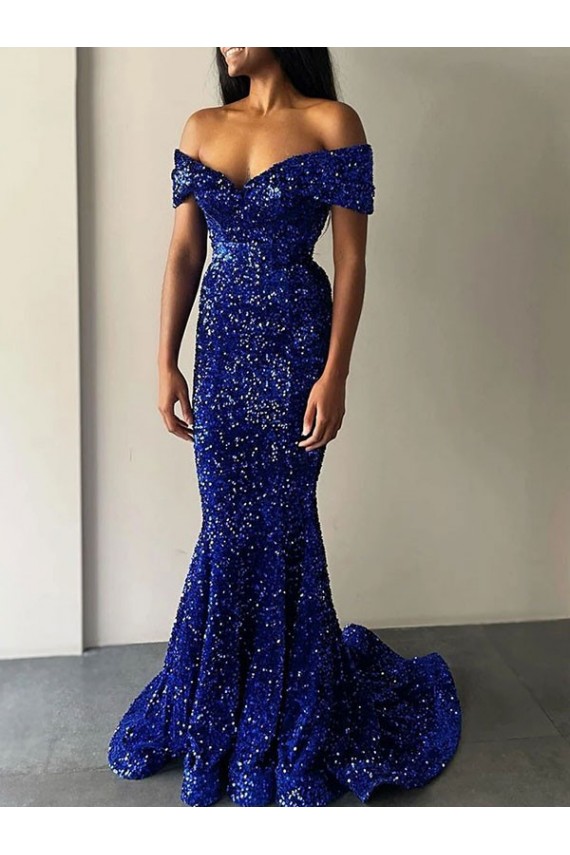 Bleu roi Sirène Épaule Dénudée Balayage train Paillettes Velours Longue Robes de bal Pas Chère