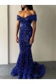 Bleu roi Sirène Épaule Dénudée Balayage train Paillettes Velours Longue Robes de bal Pas Chère