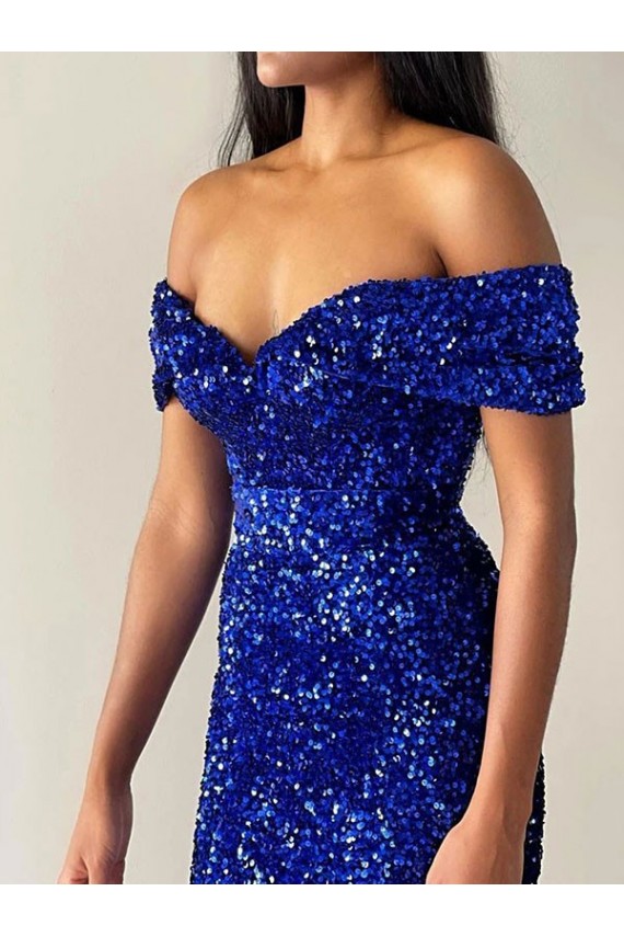 Bleu roi Sirène Épaule Dénudée Balayage train Paillettes Velours Longue Robes de bal Pas Chère