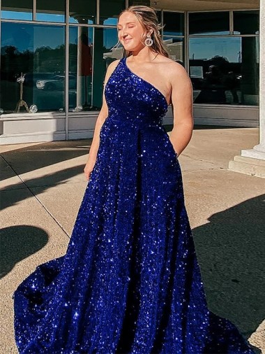 Bleu roi Trapèze Balayage train Paillettes Velours Longue Robes de bal Pas Chre