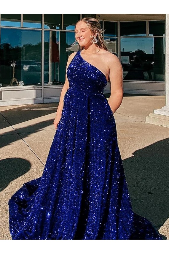 Bleu roi Trapèze Balayage train Paillettes Velours Longue Robes de bal Pas Chère