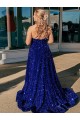 Bleu roi Trapèze Balayage train Paillettes Velours Longue Robes de bal Pas Chère