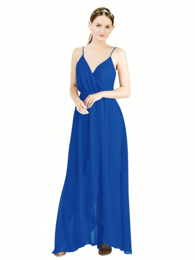 Bleu roi Trapèze Bretelles spaghetti Col V Mousseline Longue Robes demoiselle d'honneur Pas Chre