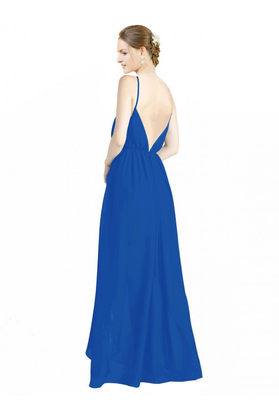 Bleu roi Trapèze Bretelles spaghetti Col V Mousseline Longue Robes demoiselle d'honneur Pas Chère