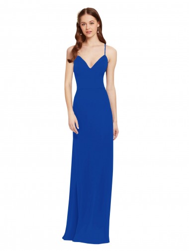 Bleu roi Trapèze Bretelles spaghetti Col V Mousseline Longue Robes demoiselle d'honneur Pas Chre
