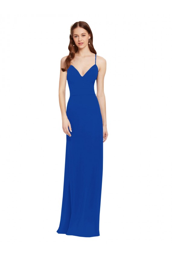 Bleu roi Trapèze Bretelles spaghetti Col V Mousseline Longue Robes demoiselle d'honneur Pas Chère