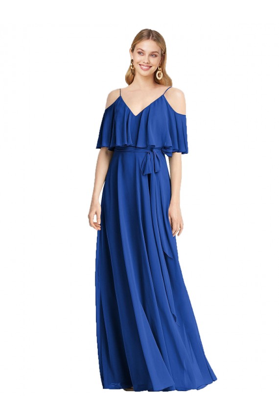 Bleu roi Trapèze Bretelles spaghetti Col V Mousseline Longue Robes demoiselle d'honneur Pas Chère