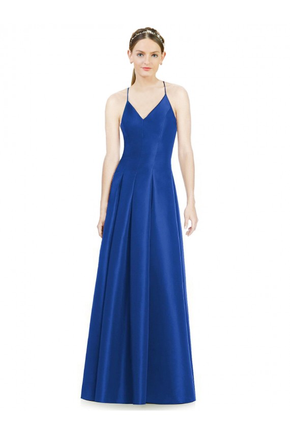 Bleu roi Trapèze Bretelles spaghetti Col V Satiné Longue Robes demoiselle d'honneur Pas Chère