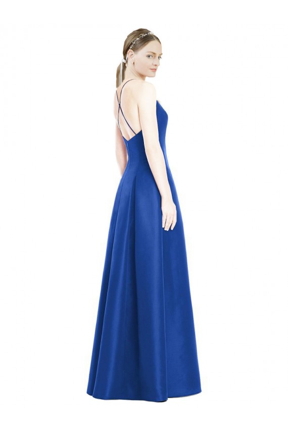 Bleu roi Trapèze Bretelles spaghetti Col V Satiné Longue Robes demoiselle d'honneur Pas Chère