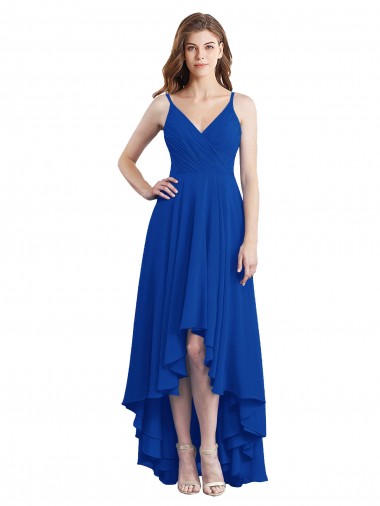 Bleu roi Trapèze Bretelles spaghetti Mousseline Longue Asymétrique Robes demoiselle d'honneur Pas Chre