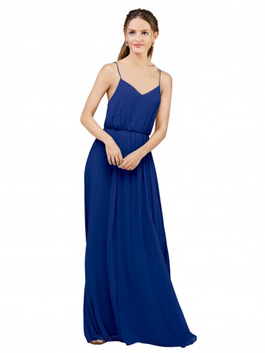 Bleu roi Trapèze Bretelles spaghetti Mousseline Longue Robes demoiselle d'honneur Pas Chre