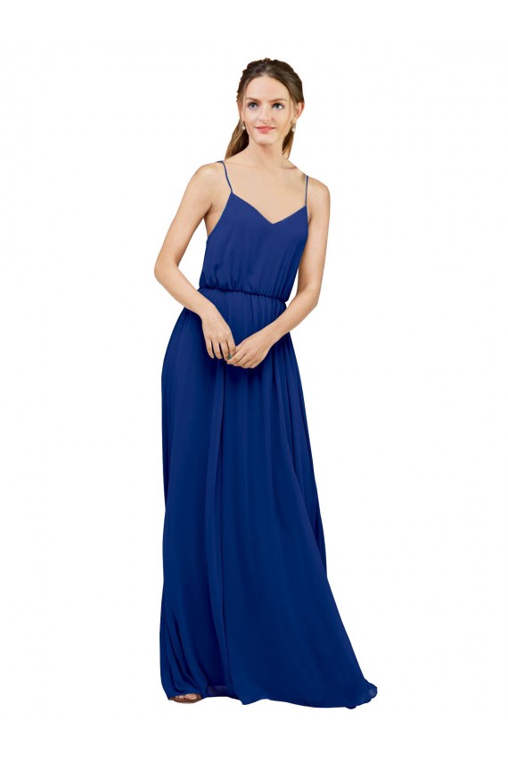 Bleu roi Trapèze Bretelles spaghetti Mousseline Longue Robes demoiselle d'honneur Pas Chère