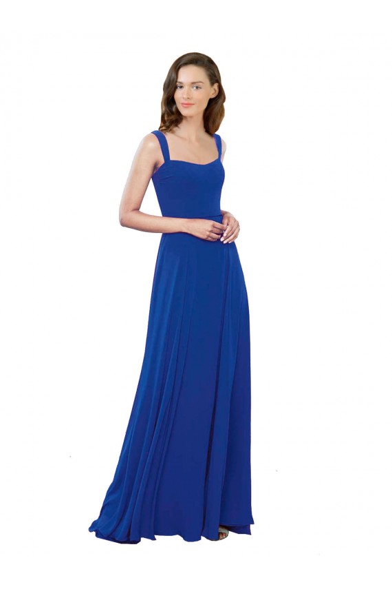 Bleu roi Trapèze Col Carré Mousseline Longue Robes demoiselle d'honneur Pas Chère