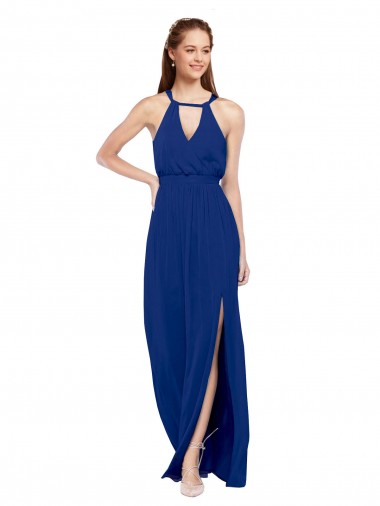 Bleu roi Trapèze Col Haut Mousseline Longue Robes demoiselle d'honneur Pas Chre