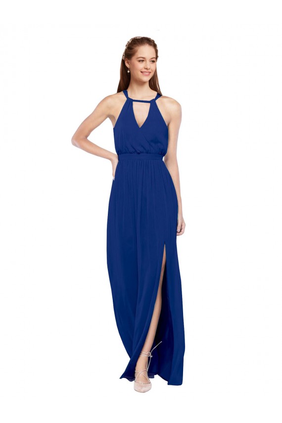 Bleu roi Trapèze Col Haut Mousseline Longue Robes demoiselle d'honneur Pas Chère