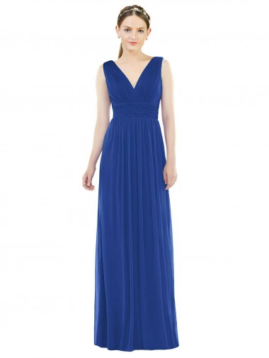 Bleu roi Trapèze Col V Mousseline Longue Robes demoiselle d'honneur Pas Chre