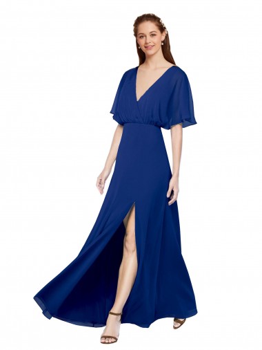 Bleu roi Trapèze Col V Mousseline Longue Robes demoiselle d'honneur Pas Chre