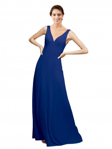 Bleu roi Trapèze Col V Mousseline Longue Robes demoiselle d'honneur Pas Chre