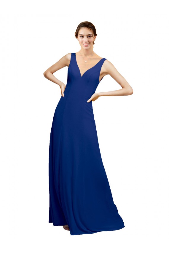 Bleu roi Trapèze Col V Mousseline Longue Robes demoiselle d'honneur Pas Chère