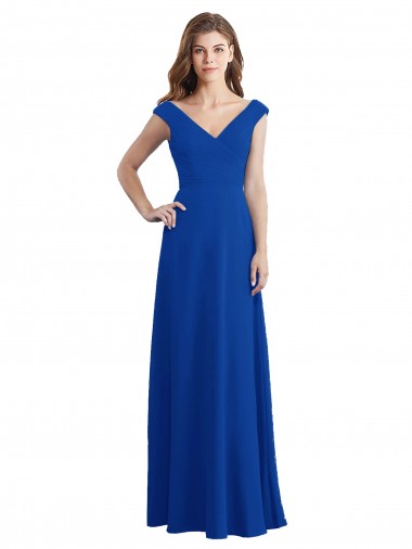 Bleu roi Trapèze Col V Mousseline Longue Robes demoiselle d'honneur Pas Chre