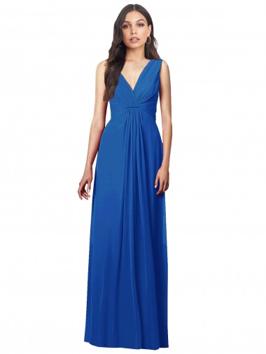 Bleu roi Trapèze Col V Mousseline Longue Robes demoiselle d'honneur Pas Chre