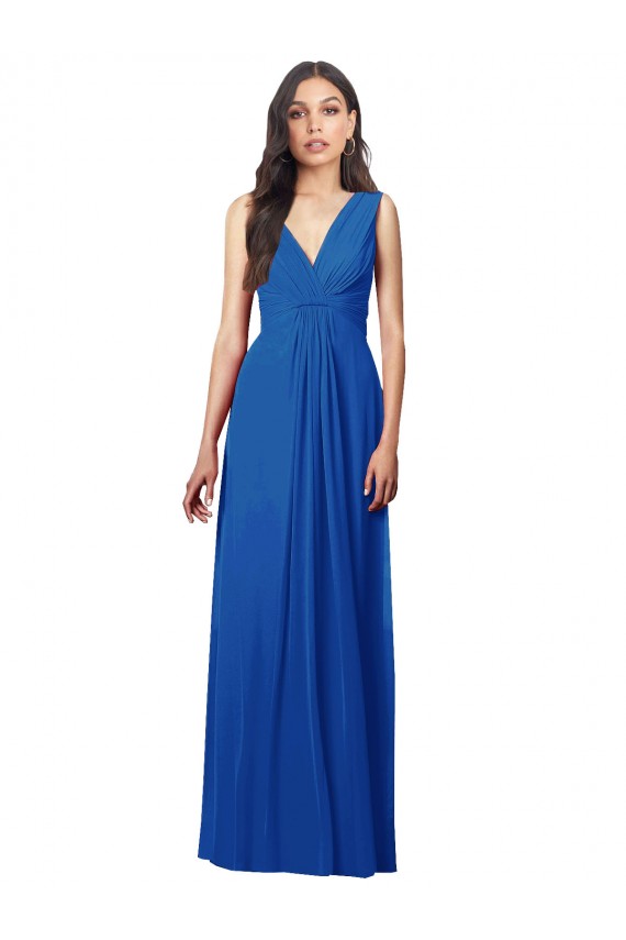 Bleu roi Trapèze Col V Mousseline Longue Robes demoiselle d'honneur Pas Chère