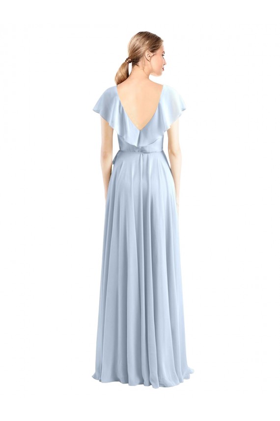 Bleu roi Trapèze Col V Mousseline Longue Robes demoiselle d'honneur Pas Chère