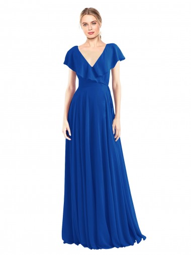 Bleu roi Trapèze Col V Mousseline Longue Robes demoiselle d'honneur Pas Chre