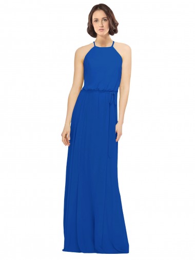 Bleu roi Trapèze Col bijou Mousseline Longue Robes demoiselle d'honneur Pas Chre
