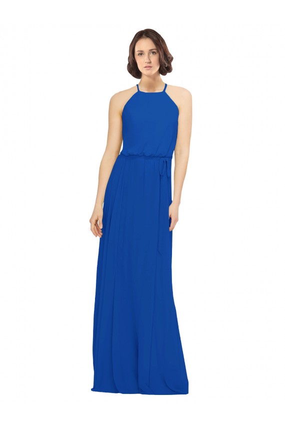 Bleu roi Trapèze Col bijou Mousseline Longue Robes demoiselle d'honneur Pas Chère
