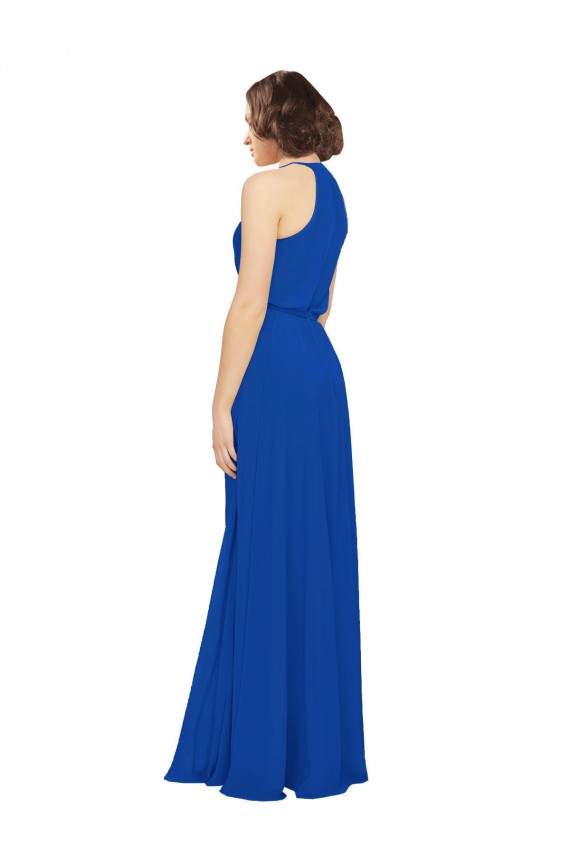 Bleu roi Trapèze Col bijou Mousseline Longue Robes demoiselle d'honneur Pas Chère